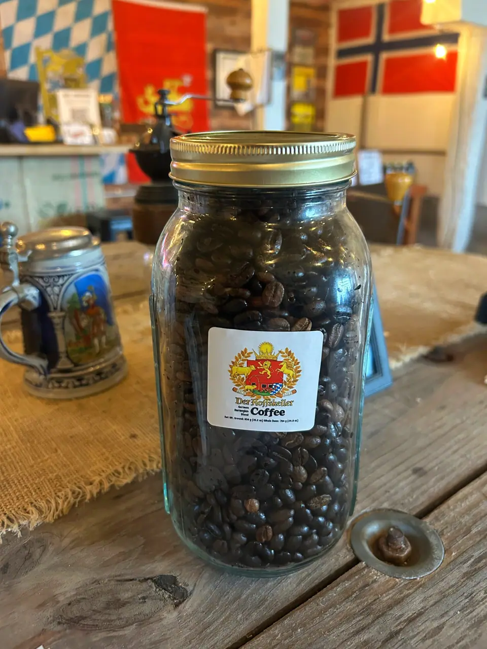 big hoff half gallon jar on table - main product der hoffskeller